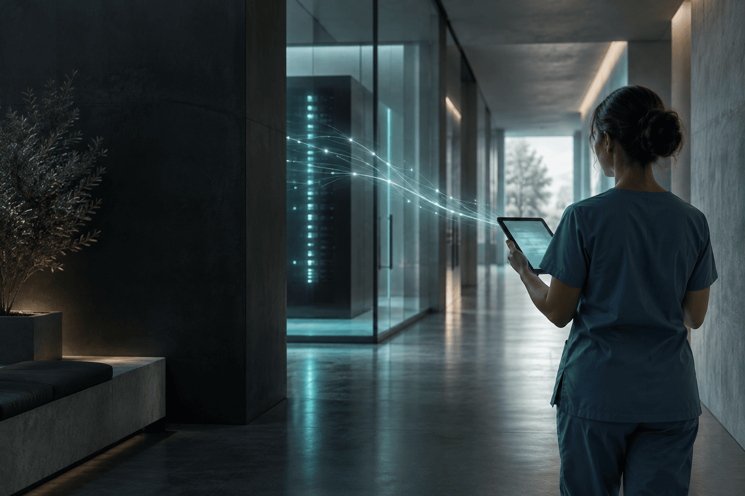 Concept illustration of a fictional clinical worker using a tablet in a dark corridor