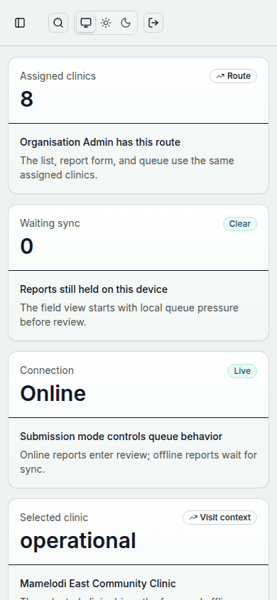 Seeded ClinicPulse mobile field report view showing assigned clinics and offline sync status